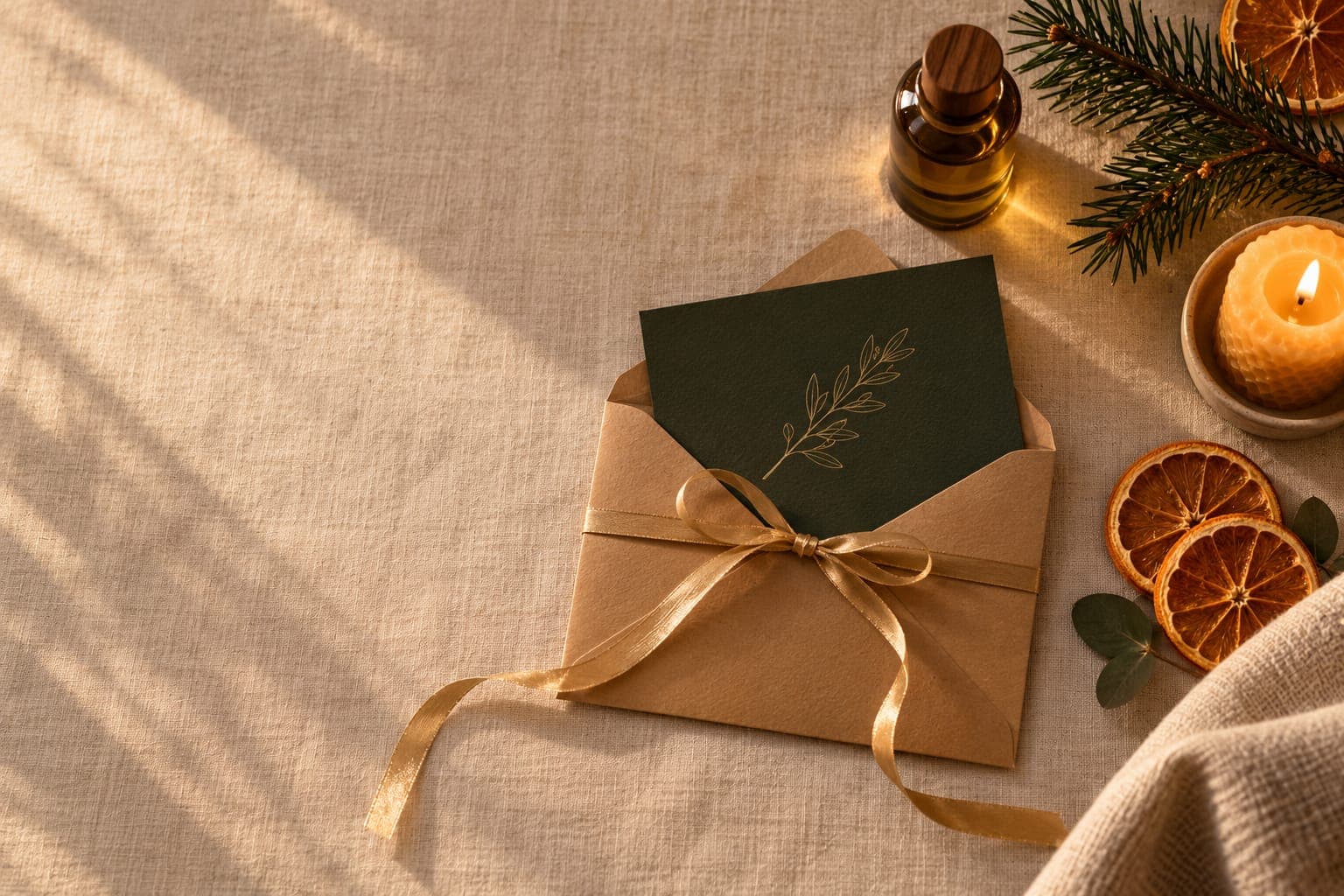 Carte cadeau Alex Massage glissée dans une enveloppe kraft nouée d'un ruban doré, bougie et oranges séchées