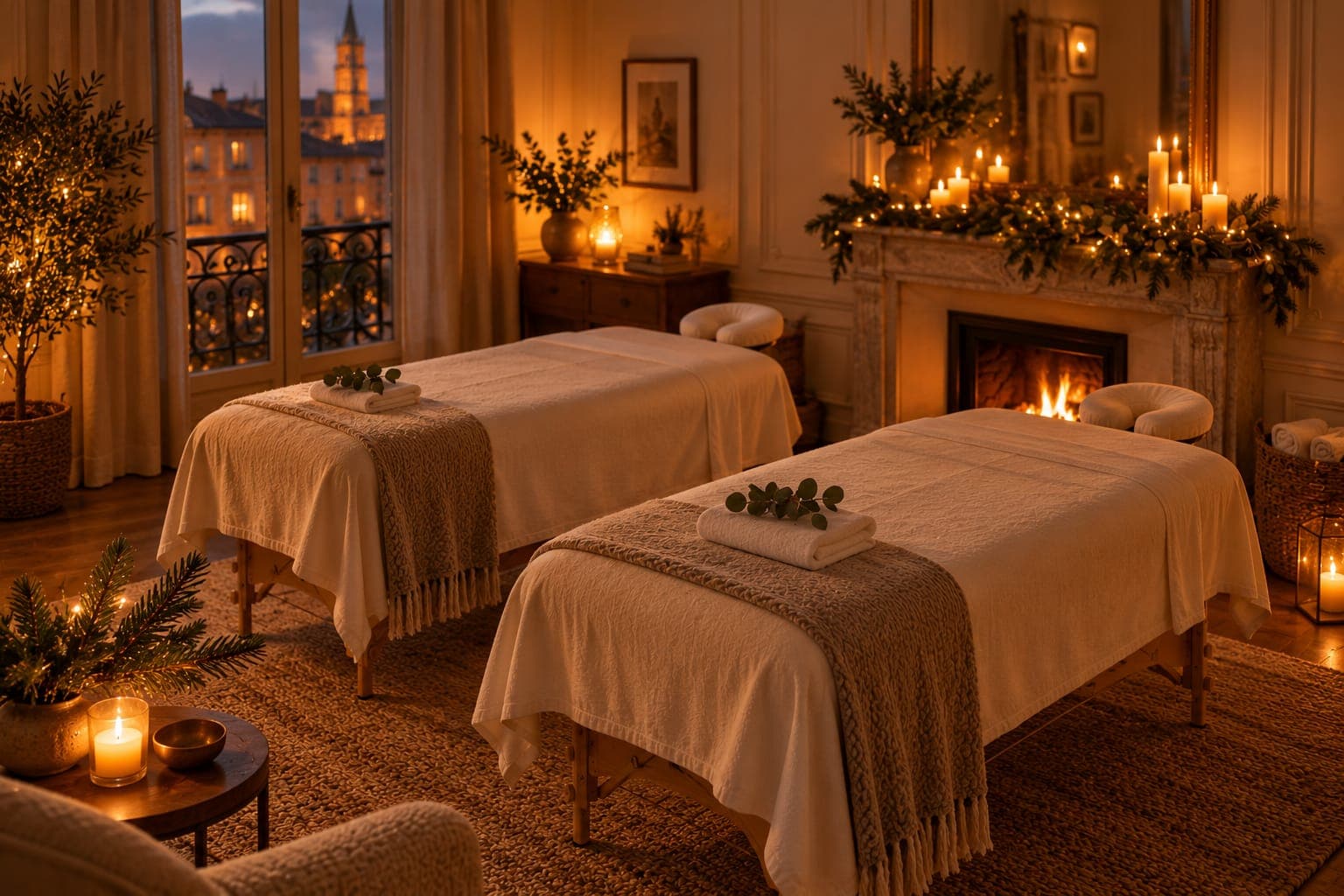 Deux tables de massage préparées côte à côte près d'une cheminée, décor de Noël et bougies