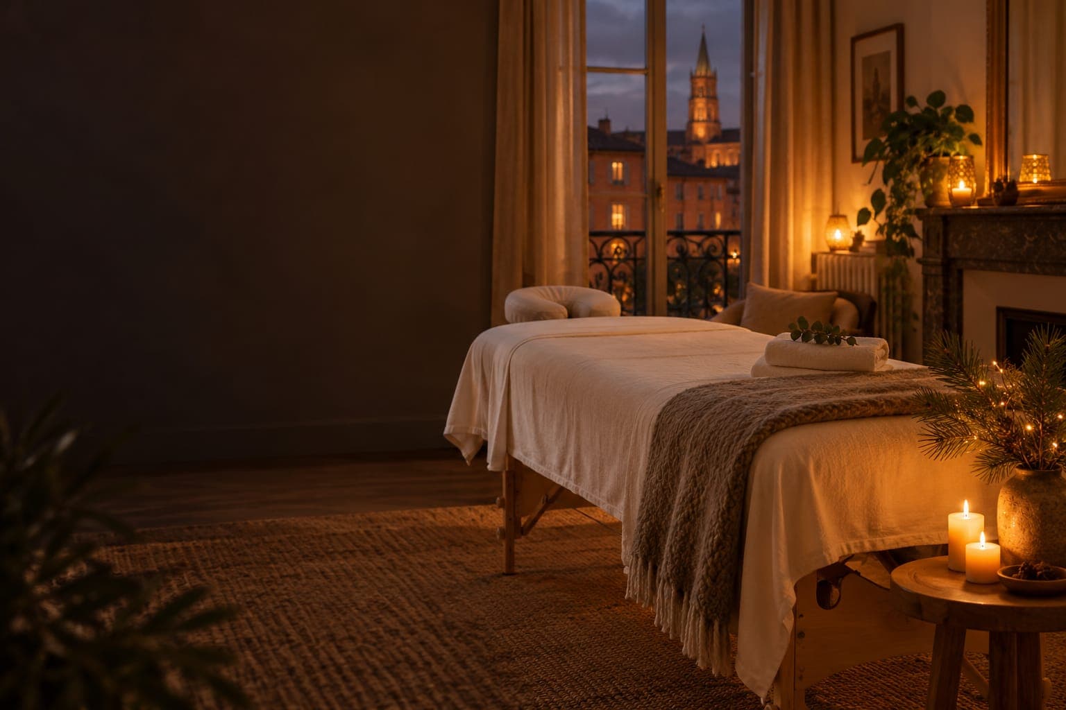 Table de massage installée dans un salon toulousain à la lueur des bougies, vue sur le clocher de Saint-Sernin